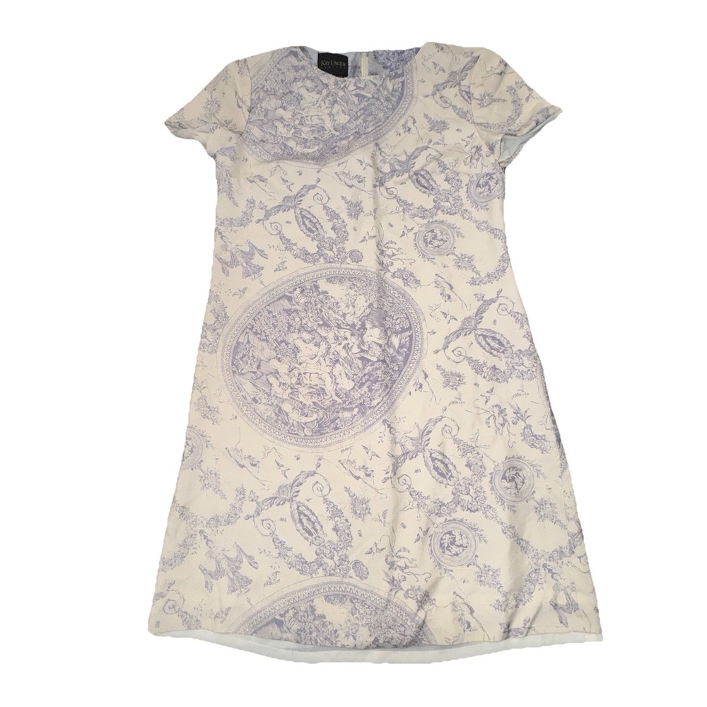 Vintage Kay Unger Women's 6 100% Silk Mini Dress Cream Blue Toile de Jouy Print